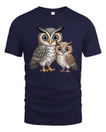 Cute Owl Family Tee Big Eyed Parent And Baby Cartoon Art - navy t-shirt on white background