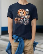 Cute Biker Owl Family Tee Funny Motorcycle Riding Owl Cartoon Art - model wearing navy tee with hands in pockets