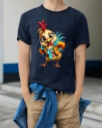 Funny Fashion Chicken Tee Cute Rooster Cartoon Character Style Art - model wearing navy tee with hands in pockets