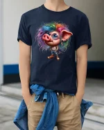 Funny Punk Pig Tee Colorful Rebel Pig With Rainbow Hair Art - model wearing navy tee with hands in pockets