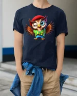 Funny Winking Owl Tee Cute Cartoon Owl With Hat And Wings Art - model wearing navy tee with hands in pockets