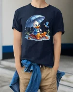 Cute Duck Under Umbrella Tee Adorable Rainy Day Cartoon Art - model wearing navy tee with hands in pockets