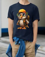 Cute Explorer Bird Tee Adorable Cartoon Bird With Backpack Art - model wearing navy tee with hands in pockets