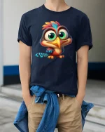 Cute Big Eyed Baby Bird Tee Colorful Cartoon Animal Art Style - model wearing navy tee with hands in pockets