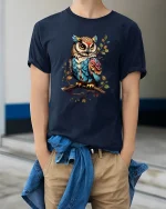 Colorful Owl Tee Artistic Feathered Owl Illustration Nature Art - model wearing navy tee with hands in pockets