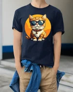 Cool Cat Tee Stylish Sunglasses Cat Illustration With Chill Vibes - model wearing navy tee with hands in pockets