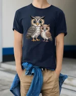 Cute Owl Family Tee Big Eyed Parent And Baby Cartoon Art - model wearing navy tee with hands in pockets