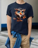 Cool Rebel Owl Tee Funny Cute Bird With Bandana And Leather Style - model wearing navy tee with hands in pockets