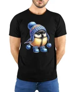 Cute Winter Bird Tee With Cozy Knit Hat Wholesome Art Style - model wearing black tee with hands behind back