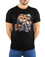 Cute Biker Owl Family Tee Funny Motorcycle Riding Owl Cartoon Art - model wearing black tee with hands behind back
