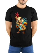 Funny Fashion Chicken Tee Cute Rooster Cartoon Character Style Art - model wearing black tee with hands behind back