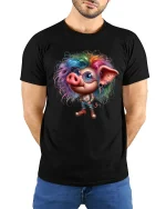 Funny Punk Pig Tee Colorful Rebel Pig With Rainbow Hair Art - model wearing black tee with hands behind back