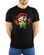 Funny Winking Owl Tee Cute Cartoon Owl With Hat And Wings Art - model wearing black tee with hands behind back