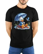 Cute Duck Under Umbrella Tee Adorable Rainy Day Cartoon Art - model wearing black tee with hands behind back