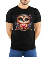 Cute Owl Love Tee Big Eyes Owl Holding Heart Sweet Art Design - model wearing black tee with hands behind back