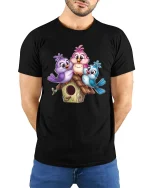 Cute Bird Family Tee Colorful Baby Birds Sitting On Cozy Birdhouse - model wearing black tee with hands behind back