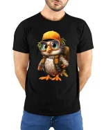 Cute Explorer Bird Tee Adorable Cartoon Bird With Backpack Art - model wearing black tee with hands behind back