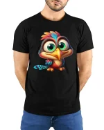 Cute Big Eyed Baby Bird Tee Colorful Cartoon Animal Art Style - model wearing black tee with hands behind back