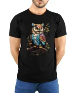Colorful Owl Tee Artistic Feathered Owl Illustration Nature Art - model wearing black tee with hands behind back
