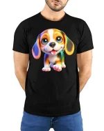 Cute Puppy Tee Adorable Smiling Dog Illustration With Big Eyes - model wearing black tee with hands behind back