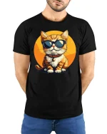 Cool Cat Tee Stylish Sunglasses Cat Illustration With Chill Vibes - model wearing black tee with hands behind back