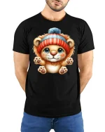 Cute Bear Cub Tee Adorable Winter Hat Bear Illustration Design - model wearing black tee with hands behind back
