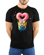 Funny Yellow Cartoon Tee Cute Character Holding Heart Donut Art - model wearing black tee with hands behind back