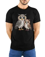 Cute Owl Family Tee Big Eyed Parent And Baby Cartoon Art - model wearing black tee with hands behind back