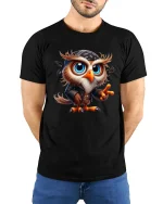 Cool Rebel Owl Tee Funny Cute Bird With Bandana And Leather Style - model wearing black tee with hands behind back