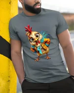 Funny Fashion Chicken Tee Cute Rooster Cartoon Character Style Art - model wearing grey tee, leaning on column