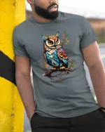 Colorful Owl Tee Artistic Feathered Owl Illustration Nature Art - model wearing grey tee, leaning on column