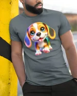 Cute Puppy Tee Adorable Smiling Dog Illustration With Big Eyes - model wearing grey tee, leaning on column