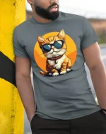 Cool Cat Tee Stylish Sunglasses Cat Illustration With Chill Vibes - model wearing grey tee, leaning on column