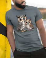 Cute Owl Family Tee Big Eyed Parent And Baby Cartoon Art - model wearing grey tee, leaning on column