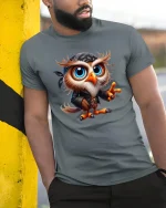 Cool Rebel Owl Tee Funny Cute Bird With Bandana And Leather Style - model wearing grey tee, leaning on column