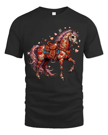 Colorful Heart Pattern Horse Art Tee Magical Fantasy Style - black t-shirt on white background