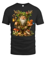 Whimsical Forest Guardian Gnome Art Tee Magical Nature Style - black t-shirt on white background