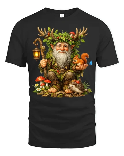 Whimsical Forest Guardian Gnome Art Tee Magical Nature Style - black t-shirt on white background