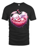 Cute Angel Puppy Heart Nest Tee Sweet Love Cartoon Art - black t-shirt on white background