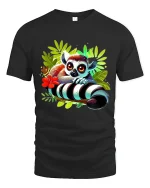 Cute Wide Eyed Lemur Jungle Art Tee Colorful Cartoon Style - black t-shirt on white background
