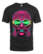 Neon Psychedelic Face Art Tee Retro Futuristic Trippy Style - black t-shirt on white background