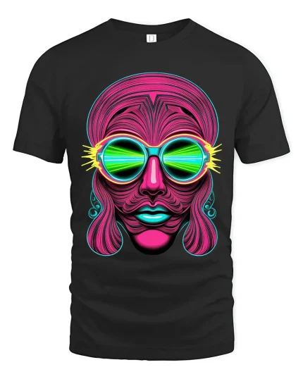Neon Psychedelic Face Art Tee Retro Futuristic Trippy Style - black t-shirt on white background