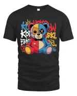 Graffiti Patchwork Teddy Bear Art Tee Urban Street Style - black t-shirt on white background