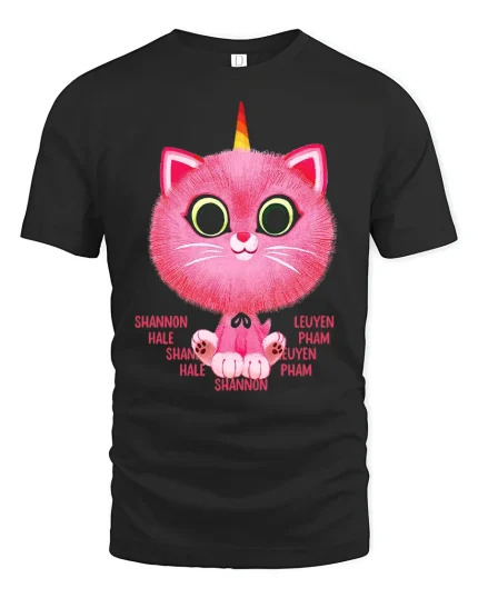 Cute Pink Caticorn Cartoon Tee Fun Fantasy Graphic Style - black t-shirt on white background