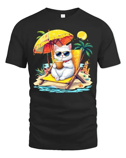 Cool Beach Cat Vacation Tee Funny Summer Cartoon Art - black t-shirt on white background