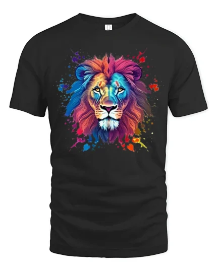 Colorful Lion Art Tee Bold Watercolor Wildlife Graphic Style - black t-shirt on white background