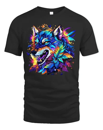 Fierce Colorful Wolf Art Tee Neon Feather Fantasy Graphic - black t-shirt on white background