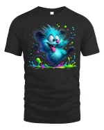Funny Blue Furry Monster Tee Color Splash Cartoon Art Style - black t-shirt on white background
