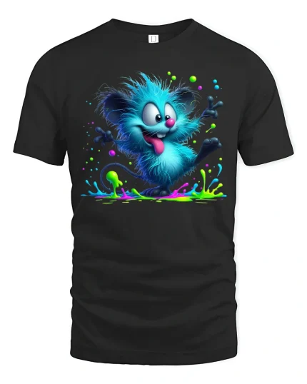 Funny Blue Furry Monster Tee Color Splash Cartoon Art Style - black t-shirt on white background
