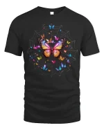 Colorful Butterfly Web Art Tee Magical Nature Fantasy Design - black t-shirt on white background